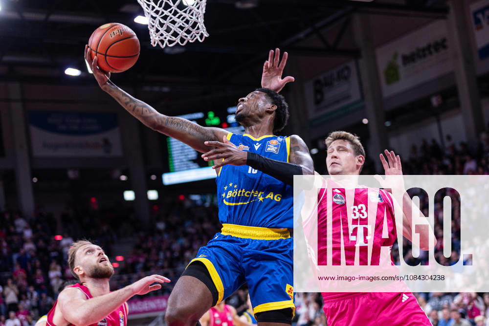 EasyCredit Basketball Bundesliga, Telekom Baskets Bonn vs. Science City Jena, October 9, 2026: Anim Sacar (Science City Jena) 15 and Patrick Heckmann (Telekom Baskets Bonn) 33; easyCredit Basketball Bundesliga, Telekom Baskets Bonn vs. Science City Jena, October 9, 2026, Telekom Dome Bonn
