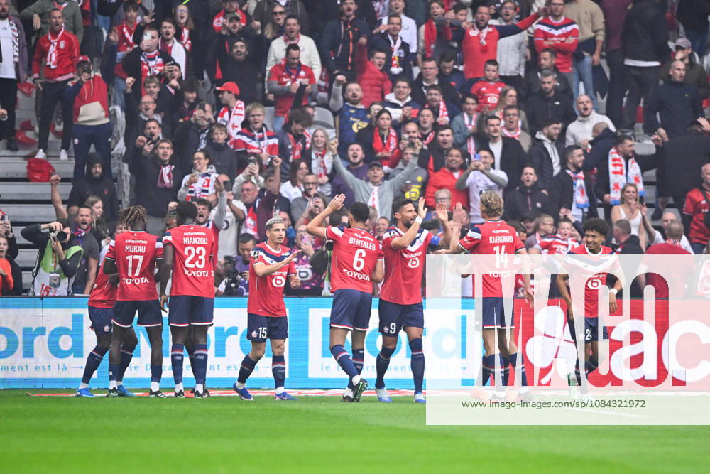 LOSC Lille v Le Havre Athletic Club - Ligue 1 McDonald s 2026 2027 Ngal ayel Mukau of Lille, Aissa Mandi of Lille, Romain PERRAUD of Lille, Nabil BENTALEB of Lille, Olivier GIROUD of Lille, Maurits KJAERGAARD of Lille, Tiago SANTOS of Lille and Dilane BAKWA of Lille celebrate after scores during Ligue 1 McDonald s match between Lille and Le Havre at Stade Pierre-Mauroy on October 10, 2026 in Lille, France. Lille France