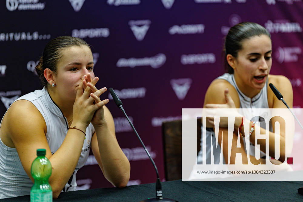 DÜSSELDORF, GERMANY - 10 OCTOBER 2026: Image shows press conference, PK, Pressekonferenz with Martina Calvo (ESP) and Claudia Fernandez Sanchez (ESP) during CUPRA Germany Premier Padel P2 2026 Day 7: Semifinals at CASTELLO Düsseldorf on 10 10 2026 in Düsseldorf, Germany. Germany