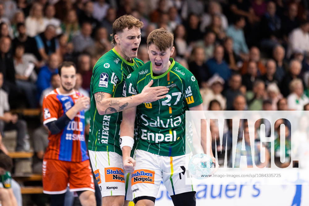 Victor KLOEVE FRISCH AUF Goeppingen, 7, and Oskar SUNNEFELDT FRISCH AUF Goeppingen, 27—celebration, joy, passion, success, emotion, enthusiasm, positive emotions GER, FRISCH AUF Goeppingen vs. SG BBM Bietigheim, Handball, Bundesliga, OPEL HBL, Matchday 8, 2026–2027 Season, October 10, 2026, GER, FRISCH AUF Goeppingen vs. SG BBM Bietigheim, Handball, Bundesliga, OPEL HBL, Matchday 8, 2026–2027 Season, October 10, 2026, Goeppingen