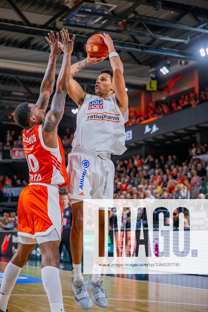 1st Basketball Bundesliga, easyCredit BBL, 2026–2027 Season, Men s Division, Regular Season, Matchday 5, October 10, 2026, RASTA Vechta vs. ratiopharm Ulm, Teo Milicic 4, ratiopharm Ulm taking a jump shot at the RASTA Dome in Vechta, Lower Saxony, Germany