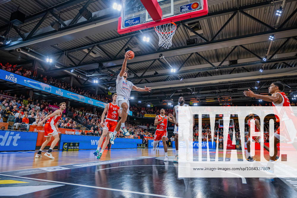 1 Basketball Bundesliga, easyCredit BBL, 2026–2027 Season, Men s Division, Regular Season, Matchday 5, October 10, 2026, RASTA Vechta vs. ratiopharm Ulm; Teo Milicic 4; ratiopharm Ulm on a layup; Vechta RASTA Dome, Lower Saxony, Germany
