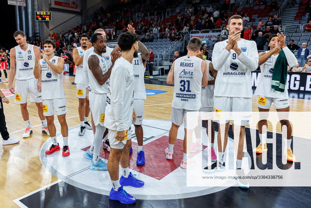 Team, squad, cheering, celebration, positive emotions, positive emotion, end of the game, BMA365 Bamberg Baskets vs. Syntainics MBC, basketball, easyCredit BBL, Matchday 5, October 10, 2026 BMA365 Bamberg Baskets vs. Syntainics MBC, basketball, easyCredit BBL, Matchday 5, October 10, 2026 Bamberg