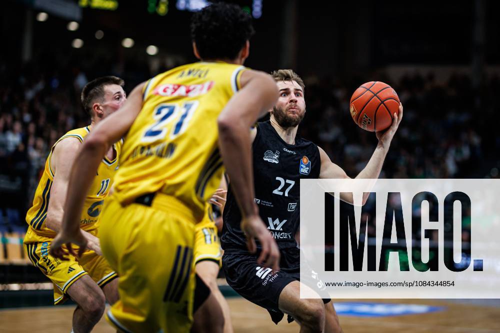 Moritz Krimmer of the Gladiators Trier goes head-to-head with Joe Wieskamp of Alba Berlin and Brandon Angel of Alba Berlin; Action: Vet Concept Gladiators Trier vs. Alba Berlin, Basketball, easyCredit BBL, Matchday 5, 2026–2027 Season, October 10, 2026, Vet Concept Gladiators Trier vs. Alba Berlin, basketball, easyCredit BBL, Matchday 5, 2026–2027 season