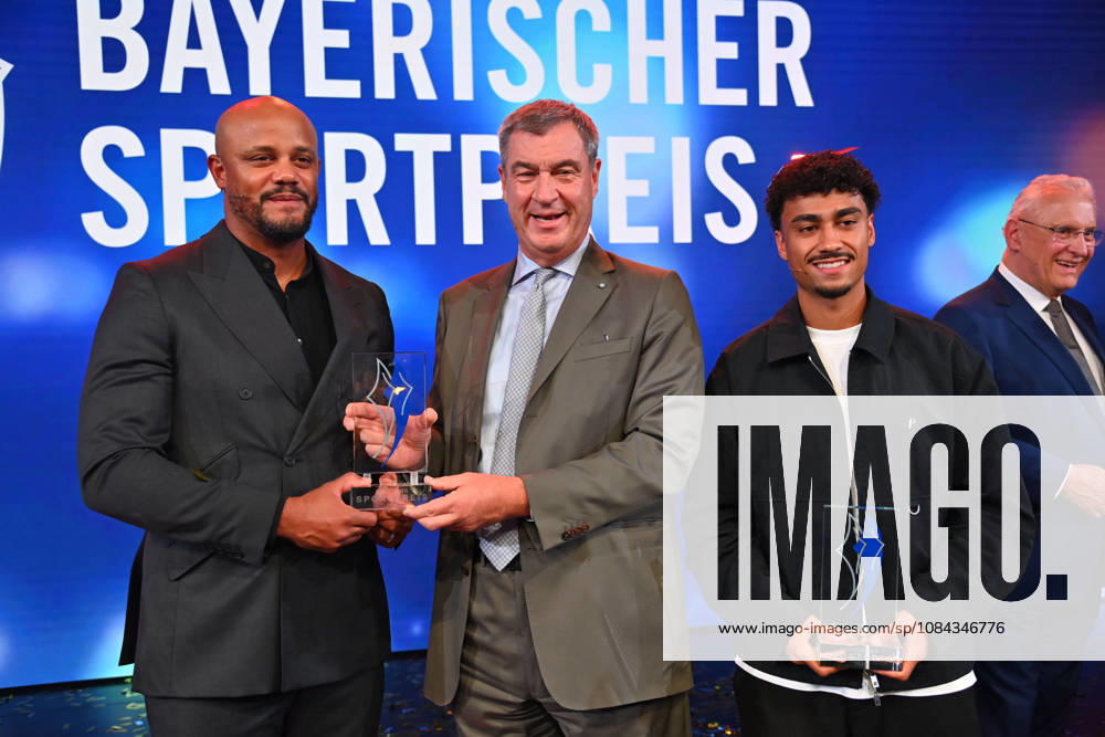 Coach Vincent KOMPANY of Bayern Munich with the Honorary Award from Bavarian Minister-President Markus SOEDER, Nathaniel BROWN of Bayern Munich, and Joachim HERRMANN, Bavarian Minister of the Interior, at the 2026 Bavarian Sports Award ceremony at BMW Welt, Red Carpet on October 10, 2026
