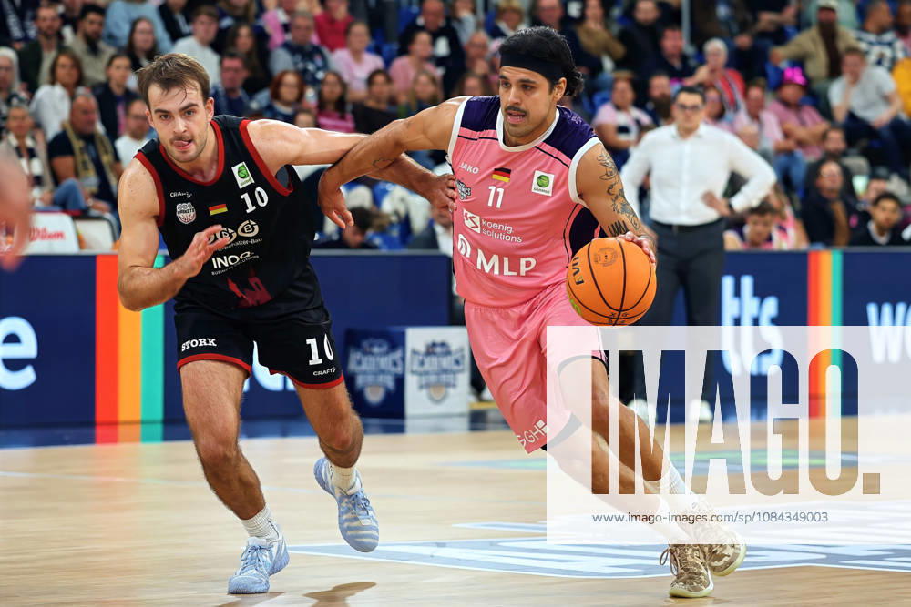 From left in a one-on-one matchup: Sebastian Brach (SBB Baskets Wolmirstedt), 10, Erol Ersek (MLP Academics Heidelberg), 11 GER BBL MLP Academics Heidelberg vs. SBB Baskets Wolmirstedt, Basketball Barmer 2, Basketball Bundesliga ProA, Matchday 4, 2026–2027 Season, October 10, 2026, GER, MLP Academics Heidelberg vs. SBB Baskets Wolmirstedt, Basketball Barmer 2 Basketball Bundesliga ProA Matchday 4, 2026–2027 season, October 10, 2026, Heidelberg