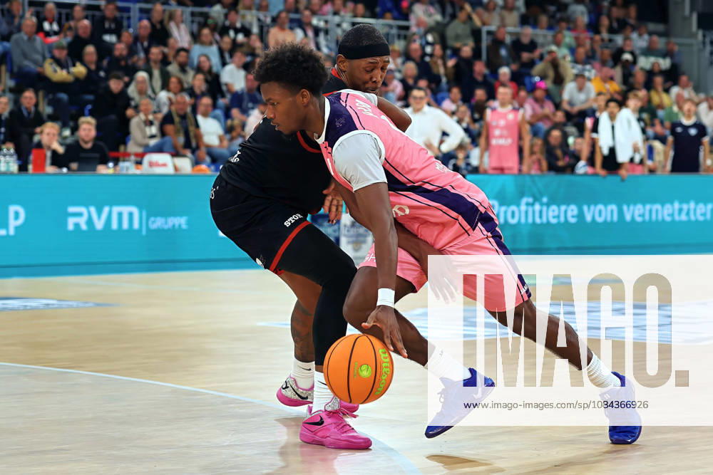 From left in a one-on-one matchup: Kyndahl Huegel (SBB Baskets Wolmirstedt), 5, Chuck Harris (MLP Academics Heidelberg), 0 GER BBL MLP Academics Heidelberg SBB Baskets Wolmirstedt Basketball Barmer 2 Basketball Bundesliga ProA Matchday 4, 2026–2027 Season, October 10, 2026 GER MLP Academics Heidelberg SBB Baskets Wolmirstedt, Basketball Barmer 2 Basketball Bundesliga ProA Matchday 4, 2026–2027 season, October 10, 2026, Heidelberg
