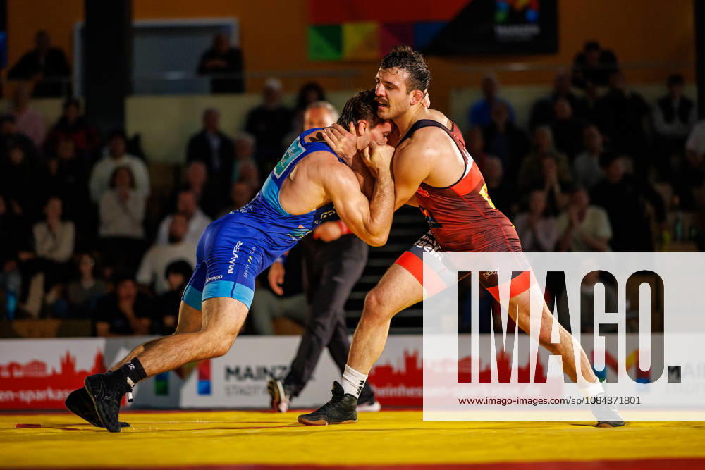 DRB BIRTAT Bundesliga, Day 6 of Competition, ASV Mainz 88 vs. KG Baienfurt Ravensburg, Mainz, October 10, 2026 Match between Mehmet Mustafa Sahin (red), ASV Mainz 88, and Valeriu Toderean (blue), KG Baienfurt Ravensburg, 75 kg Greco-Roman style DRB BIRTAT Bundesliga, Day 6 of competition, ASV Mainz 88 vs. KG Baienfurt Ravensburg, Sporthalle am großen Sand, Mainz