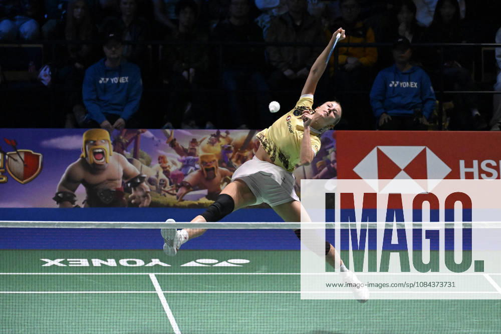 Mia Blichfeldt of Denmark hits a return during her women s singles match against Ratchanok Intanon of Thailand (not pictured) during the finals at the badminton Clash of Clans Arctic Open 2026 tournament in Vantaa, Finland, on October 11, 2026. - ANTTI AIMO-KOIVISTO Finland tUI-vf6qD14