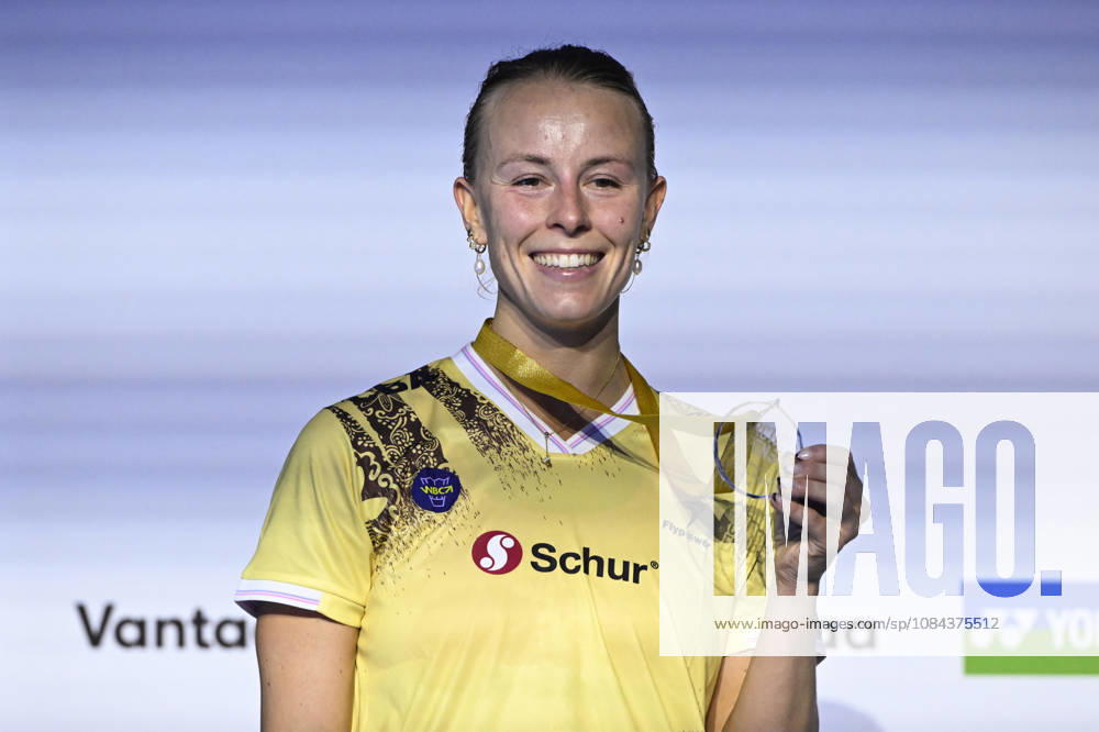 Mia Blichfeldt of Denmark pose with her medal after winning women s singles match against Ratchanok Intanon of Thailand (not pictured) during the finals at the badminton Clash of Clans Arctic Open 2026 tournament in Vantaa, Finland, on October 11, 2026. - ANTTI AIMO-KOIVISTO Finland wVmojuqqIAo