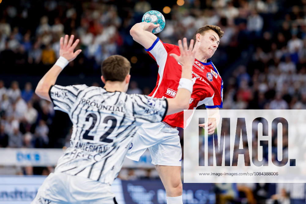 Kiel, October 11, 2026; Handball, 1st Bundesliga 2026–27, THW Kiel vs. Handball Club Hamburg; Rasmus Ankermann (THW Kiel, 22), Nicolaj Jörgensen (HC Hamburg, 11)