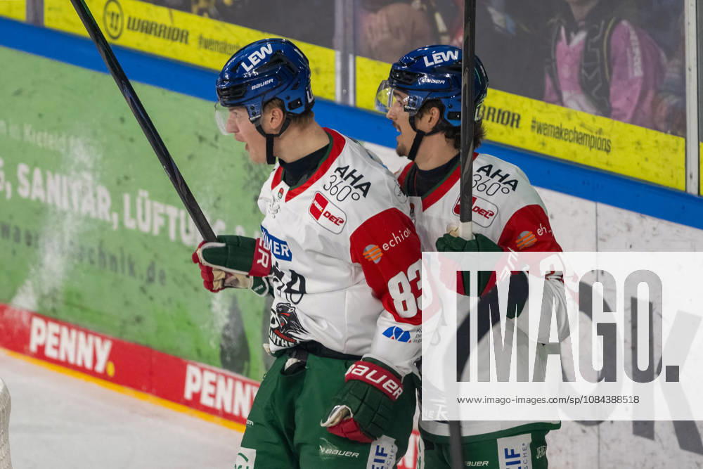 Sebastian Zwickl of the Augsburger Panther, 83, and Christian Hanke of the Augsburger Panther, 25, celebrate the goal that made the score 2–0. Krefeld Pinguine vs. Augsburger Panther, ice hockey, Penny DEL, Matchday 8, 2026–2027 season, October 11, 2026: Krefeld Pinguine vs. Augsburger Panther, ice hockey, Penny DEL, Matchday 8, 2026–2027 season, October 11, 2026, Krefeld