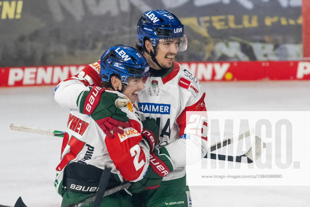 Kyle Mayhew of the Augsburger Panther, 27, and Christian Hanke of the Augsburger Panther, 25, celebrate the goal that made the score 2–0 in the game between the Krefeld Pinguine and the Augsburger Panther, ice hockey, Penny DEL, Matchday 8, 2026–2027 season, October 11, 2026, Krefeld Pinguine vs. Augsburg Panthers, ice hockey, Penny DEL, Matchday 8, 2026–2027 season, October 11, 2026, Krefeld