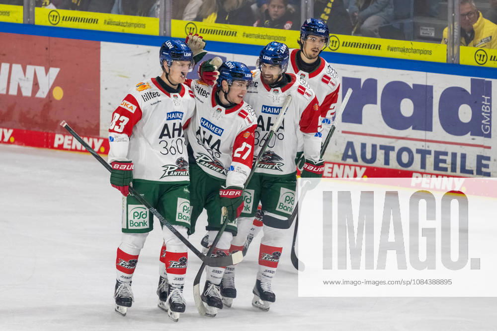 Sebastian Zwickl, Augsburg Panthers, 83; Kyle Mayhew, Augsburg Panthers, 27; Felix Maegaard Schell, Augsburg Panthers, 54, and Christian Hanke, Augsburg Panthers, 25, celebrate the goal that made it 2–0. Krefeld Pinguine vs. Augsburg Panthers, ice hockey, Penny DEL, Matchday 8, 2026–2027 season, October 11, 2026: Krefeld Pinguine vs. Augsburg Panthers, ice hockey, Penny DEL, Matchday 8, 2026–2027 season, October 11, 2026, Krefeld
