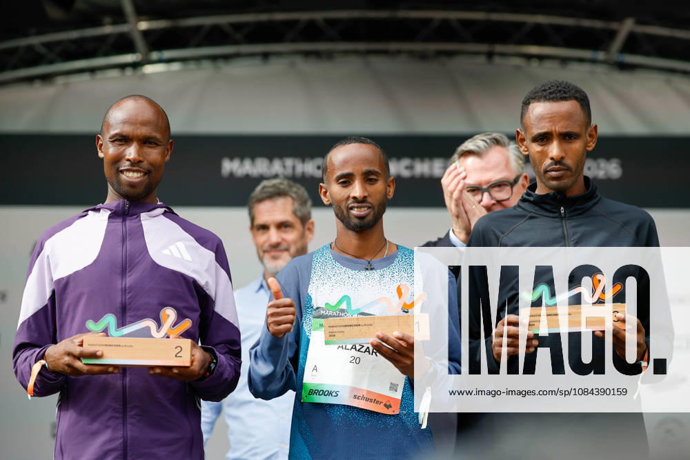 2026 Munich Marathon, Munich, October 11, 2026: Alazar TEREFA (ETH) won the 2026 Munich Marathon by a wide margin with a time of 02:10:51, followed by Hosea TUWEI (KEN) in 02:15:03 and Gebre MELSEA MULU (ETH) in 02:24:46. Hosea TUWEI (KEN), Fabian SCHÄFER, organizer and managing director of Laufstatt Event gGmbH, Josef SCHMID, Bavarian Minister of State for Justice, and Gebre MELSEA MULU (ETH), Munich