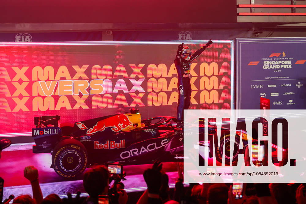 Max Verstappen wins 2026 Formula 1 Singapore Grand Prix SINGAPORE - OCT 11: Red Bull Racing driver Max Verstappen celebrates on the podium after winning the Formula 1 Singapore Grand Prix at the Marina Bay Street Circuit in Singapore on October 11, 2026. Daniel Ceng Anadolu Singapore Singapore. Editorial use only. Please get in touch for any other usage.
