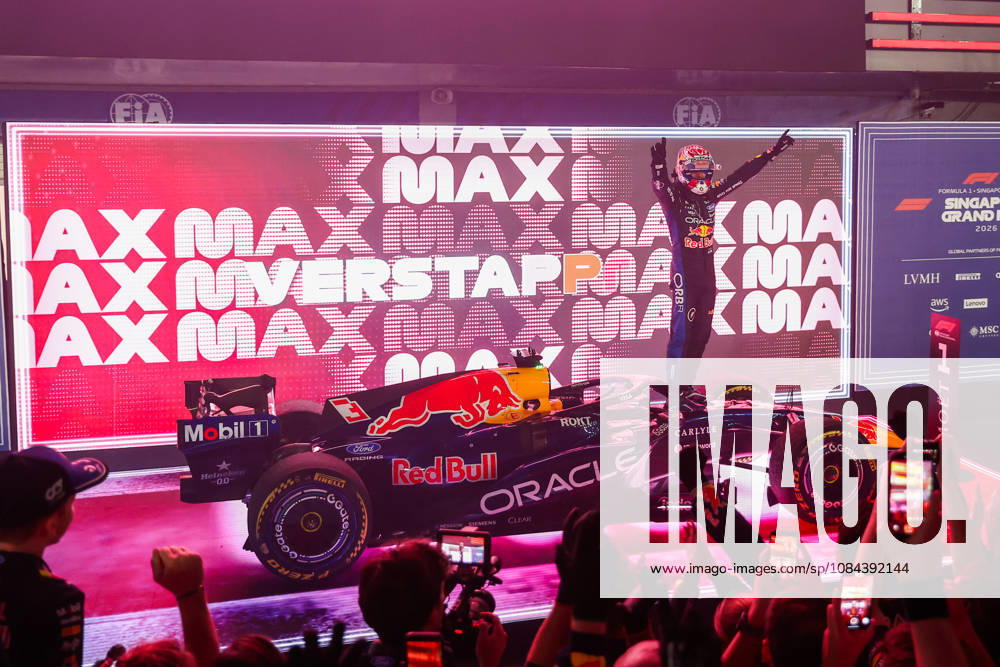Max Verstappen wins 2026 Formula 1 Singapore Grand Prix SINGAPORE - OCT 11: Red Bull Racing driver Max Verstappen celebrates on the podium after winning the Formula 1 Singapore Grand Prix at the Marina Bay Street Circuit in Singapore on October 11, 2026. Daniel Ceng Anadolu Singapore Singapore. Editorial use only. Please get in touch for any other usage.