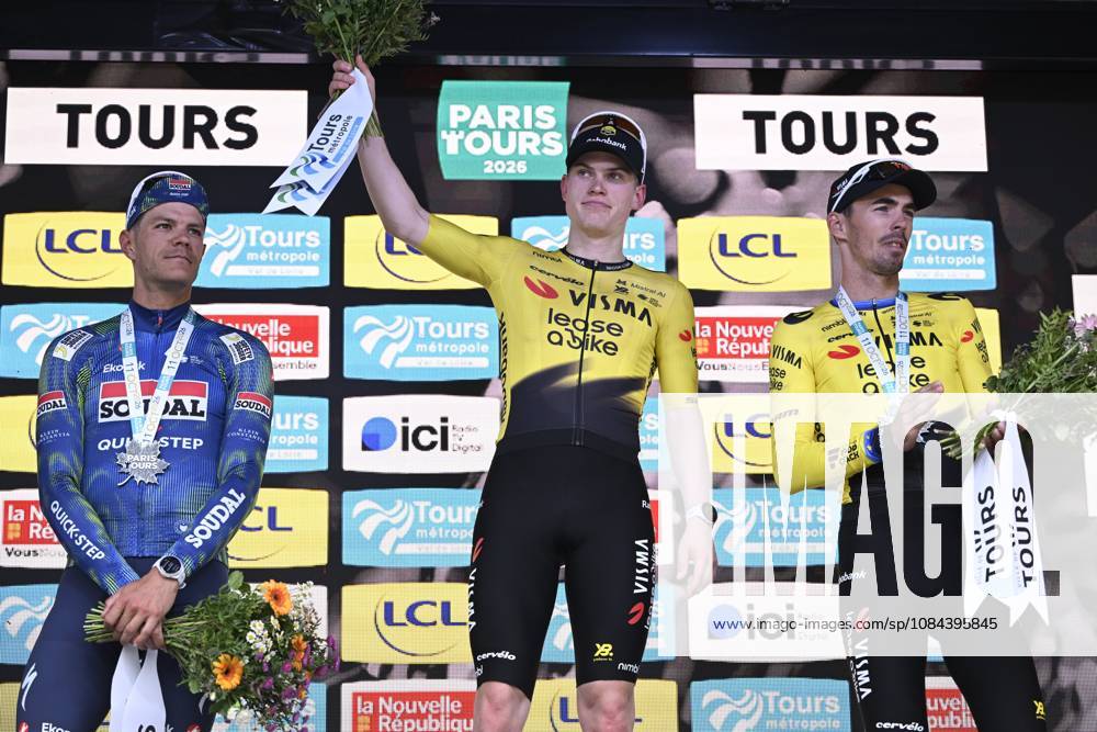 Paris Tours 2026 Cycling Race TOURS, FRANCE - OCTOBER 11 : Stuyven Jasper (BEL) of Soudal Quick-Step, Hagenes Per Strand (NOR) of Team Visma I Lease a Bike and Laporte Christophe (FRA) of Team Visma I Lease a Bike pictured during the podium ceremony of the 120th edition of Paris Tours an UCI ProSeries 1.Pro one day cycling road race for Men Elite of 216.2 km with start in Chartres and finish in Tours on October 11, 2026 in Tours, France, 11 10 2026 ( Motordriver Guy De Vuyst - Tours France
