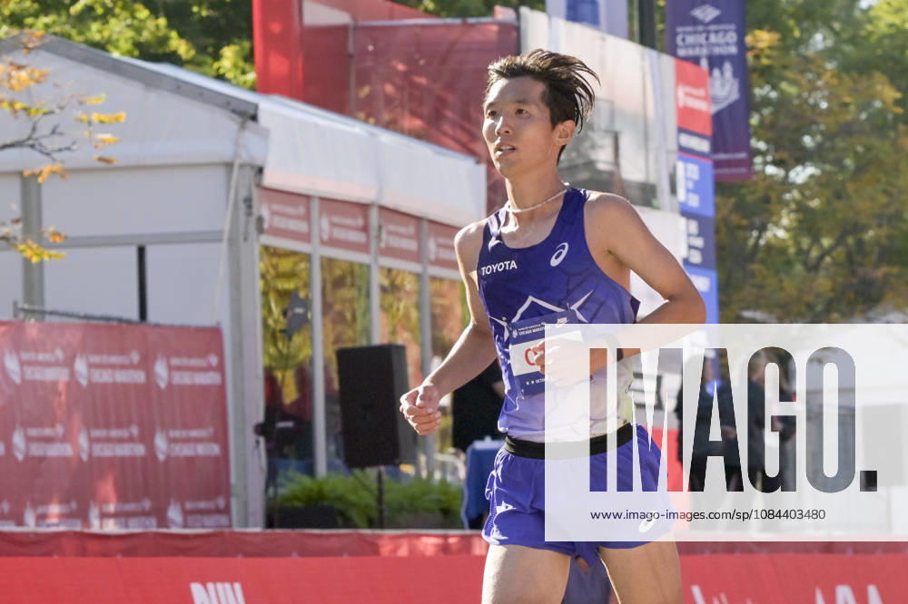 Tomoki Ota of Japan crosses the finish line with a time of 02:11:52 placing 26th over all placing during 2026 Bank of America Chicago Marathon in Chicago on Sunday, Oct. 11, 2026. CHI20261011113 MARKxBLACK