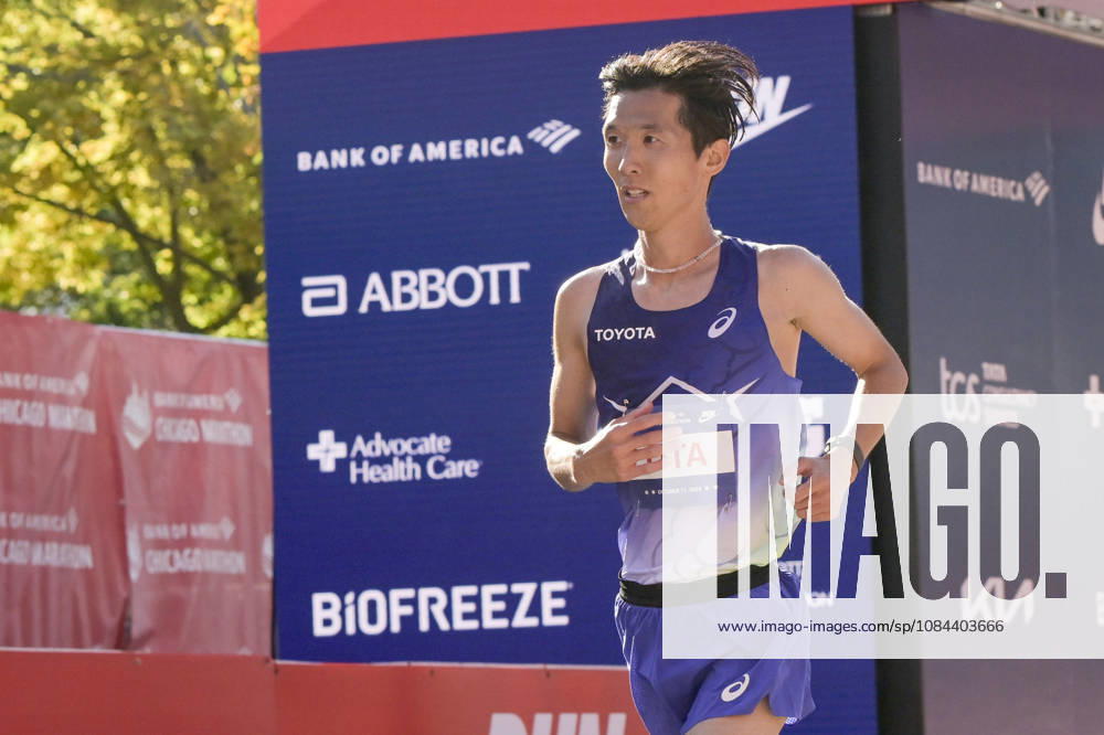 Tomoki Ota of Japan crosses the finish line with a time of 02:11:52 placing 26th over all placing during 2026 Bank of America Chicago Marathon in Chicago on Sunday, Oct. 11, 2026. CHI20261011115 MARKxBLACK