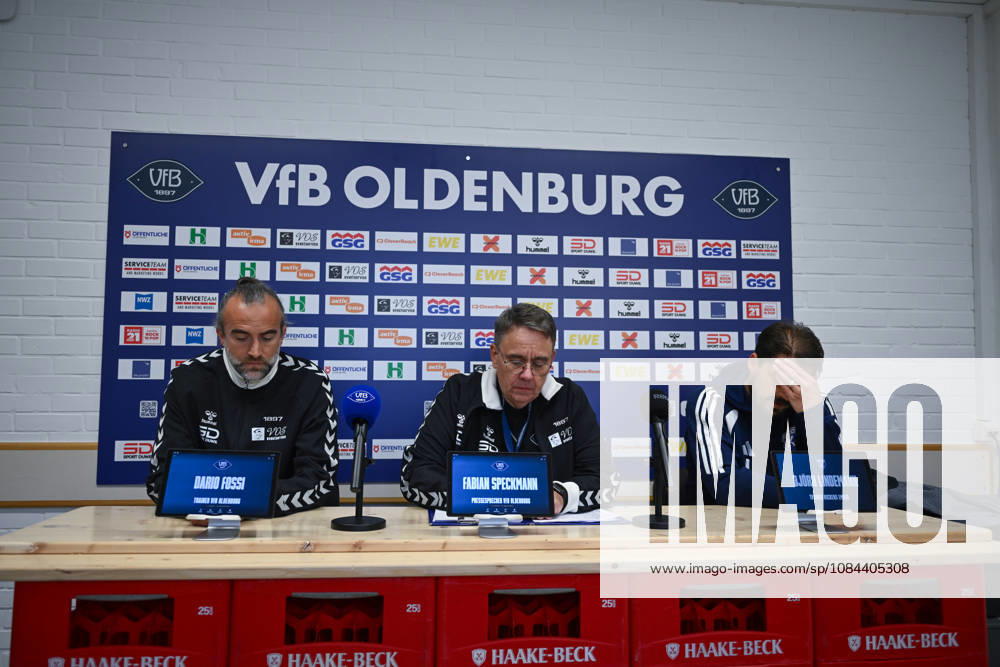 GER, Soccer, Regionalliga Nord, Matchday 13, 2026–2027 Season, Oldenburg, Marschwegstadion, VfB Oldenburg vs. BSV Kickers Emden Post-match press conference: Dario FOSSI, VfB Oldenburg Head Coach; Fabian SPECKMANN, VfB Oldenburg Media Officer; Björn LINDEMANN, BSV Kickers Emden Head Coach; Oldenburg; Marschweg Stadium; Lower Saxony; Germany