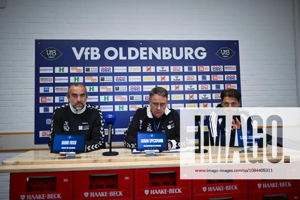GER, Soccer, Regionalliga Nord, Matchday 13, 2026–2027 Season, Oldenburg, Marschwegstadion, VfB Oldenburg vs. BSV Kickers Emden Post-match press conference: Dario FOSSI, VfB Oldenburg Head Coach; Fabian SPECKMANN, VfB Oldenburg Media Officer; Björn LINDEMANN, BSV Kickers Emden Head Coach; Oldenburg; Marschweg Stadium; Lower Saxony; Germany