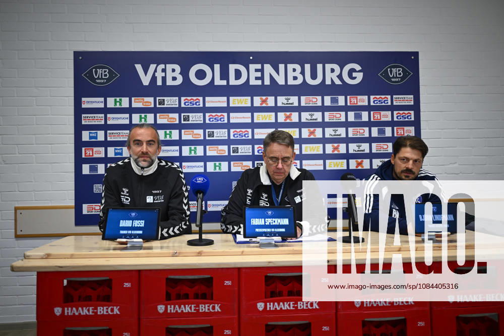 GER, Soccer, Regionalliga Nord, Matchday 13, 2026–2027 Season, Oldenburg, Marschwegstadion, VfB Oldenburg vs. BSV Kickers Emden Post-match press conference: Dario FOSSI, VfB Oldenburg Head Coach; Fabian SPECKMANN, VfB Oldenburg Media Officer; Björn LINDEMANN, BSV Kickers Emden Head Coach; Oldenburg; Marschweg Stadium; Lower Saxony; Germany