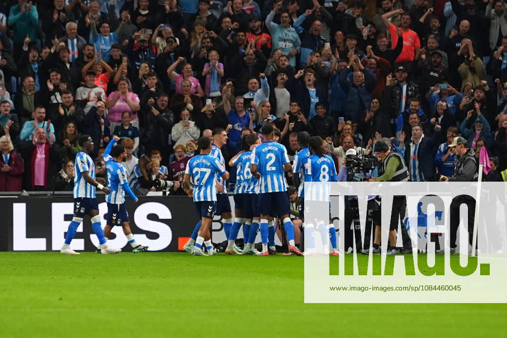 Coventry City players celebrate goal during the Premier League match between Coventry City and Newcastle United at Coventry Building Society Arena (Photo by Jay Soundo)