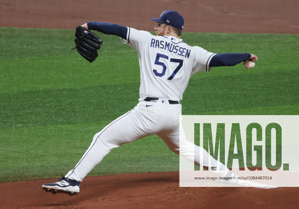 Tampa Bay Rays pitcher Drew Rasmussen (57) throws against the Cleveland Guardians in the first inning in game one of the MLB, Baseball Herren, USA American League Championship Series playoff at Raymond James Stadium in Tampa, Florida, on Monday, October 12, 2026. TPB20261012702 GARYxBOGDON