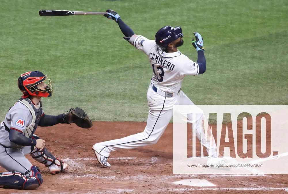 Tampa Bay Rays Junior Caminero (13) flies out against the Cleveland Guardians in the third inning in game one of the MLB, Baseball Herren, USA American League Championship Series playoff at Raymond James Stadium in Tampa, Florida, on Monday, October 12, 2026. TPB20261012708 GARYxBOGDON