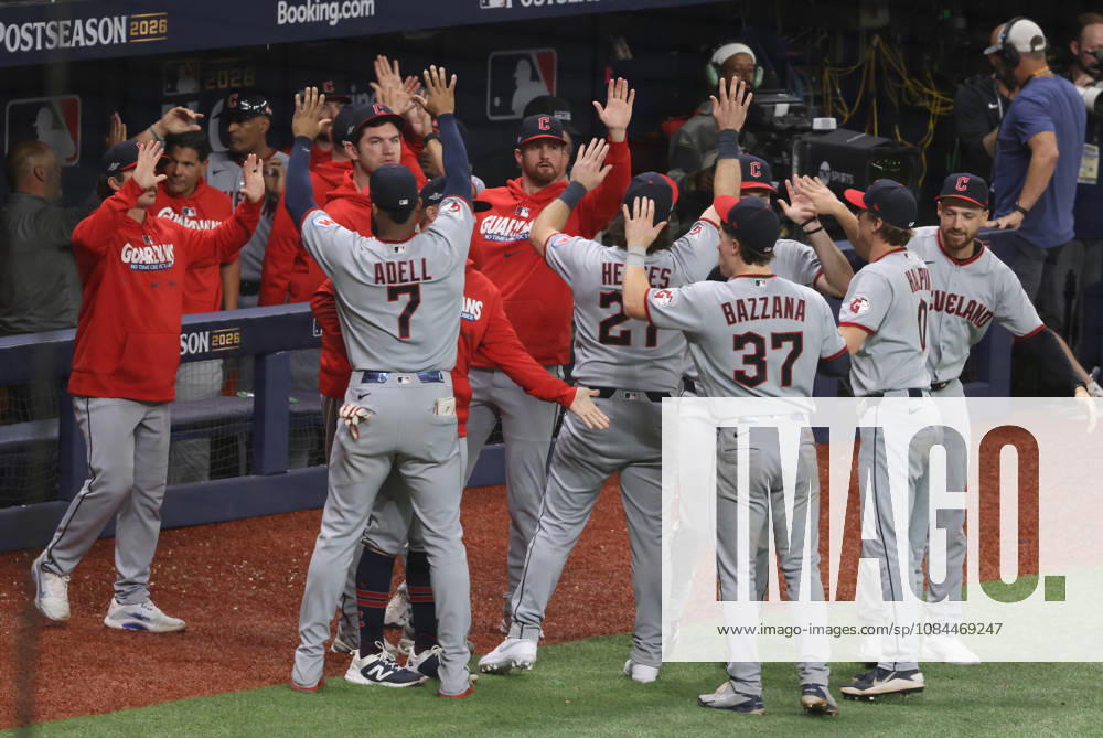 Cleveland Guardians players celebrate after the Guardians defeated the Tampa Bay Rays 7-3 in game one of the MLB, Baseball Herren, USA American League Championship Series playoff at Raymond James Stadium in Tampa, Florida, on Monday, October 12, 2026. TPB20261012719 GARYxBOGDON