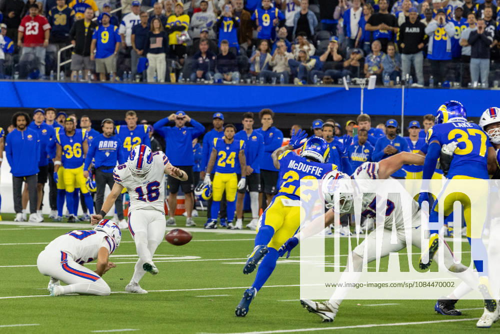 INGLEWOOD, CA - OCTOBER 12: Tyler Bass 16 of the Buffalo Bills kicks the game winning field goal in overtime of an NFL, American Football Herren, USA game between the Buffalo Bills and the Los Angeles Rams on October 12, 2026, at SoFi Stadium in Inglewood, California. (Photo by Greg Fiore Icon Sportswire) NFL: OCT 12 Bills at Rams Icon2610125260