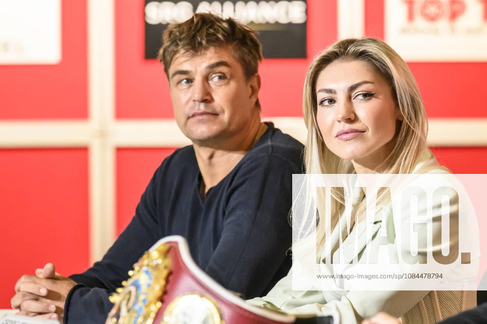 Pictured, from left: Dirk Dzemski, trainer; boxer and model Tatjana Genrich (atomweight), GER, Magdeburg, SES; first press conference ahead of the SES Boxing Gala on Saturday, November 14, 2026, at Messe Magdeburg, October 13, 2026,