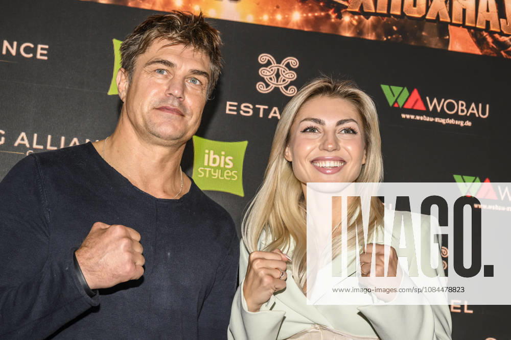 Pictured, from left: Dirk Dzemski, trainer; boxer and model Tatjana Genrich (atomweight), GER, Magdeburg, SES; first press conference ahead of the SES Boxing Gala on Saturday, November 14, 2026, at Messe Magdeburg, October 13, 2026,