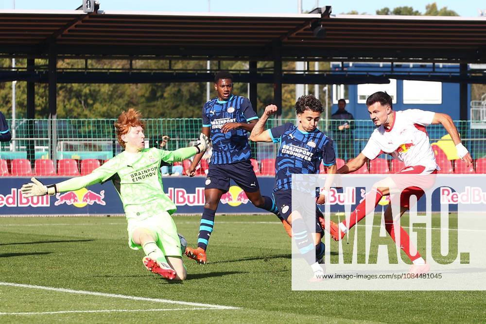 RB Leipzig U19 vs. PSV Eindhoven U19, UEFA Youth League, Leipzig, October 13, 2026, Cottaweg Training Center, Soccer, 2026–2027 Season, U19 Juniors, UEFA Youth League, Matchday 2, RB Leipzig U19 vs. PSV Eindhoven U19, Pictured: Goal for RB Leipzig, Din Klapija 21, RB scores to make it 1–0, For editorial use only, UEFA regulations prohibit any use of photographs as image sequences and or quasi-video,