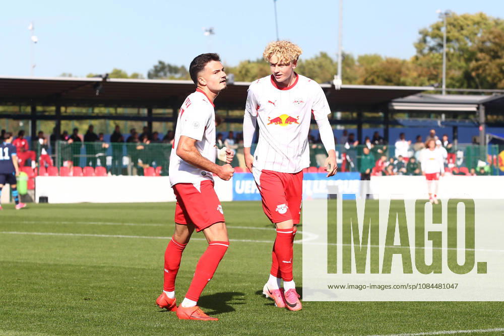 RB Leipzig U19 vs. PSV Eindhoven U19, UEFA Youth League, Leipzig, October 13, 2026, Cottaweg Training Center, Soccer, 2026–2027 Season, U19 Juniors, UEFA Youth League, Matchday 2, RB Leipzig U19 vs. PSV Eindhoven U19, Pictured: Goal for RB Leipzig, goal celebration after the 1–0, goal scorer Din Klapija, 21, RB, For editorial use only, UEFA regulations prohibit any use of photographs as image sequences and or quasi-video,