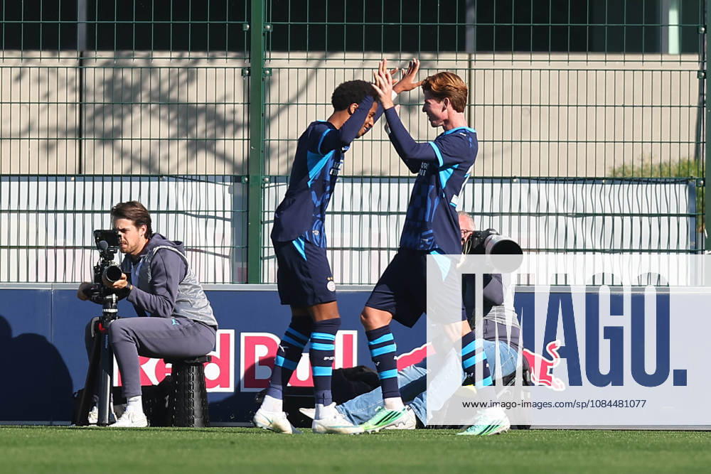 RB Leipzig U19 vs. PSV Eindhoven U19, UEFA Youth League, Leipzig, October 13, 2026, Cottaweg Training Center, Soccer, 2026–2027 Season, U19 Juniors, UEFA Youth League, Matchday 2, RB Leipzig U19 vs. PSV Eindhoven U19, Pictured: Goal for Eindhoven, goal celebration after the 1–1 tie, goal scorer Austyn Jones 9, Eindhoven, For editorial use only, UEFA regulations prohibit any use of photographs as image sequences and or quasi-video,
