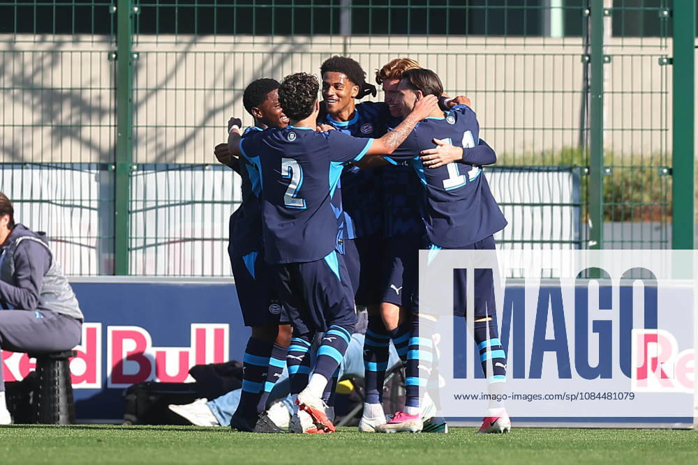 RB Leipzig U19 vs. PSV Eindhoven U19, UEFA Youth League, Leipzig, October 13, 2026, Cottaweg Training Center, Soccer, 2026–2027 Season, U19 Juniors, UEFA Youth League, Matchday 2, RB Leipzig U19 vs. PSV Eindhoven U19, Pictured: Goal for Eindhoven, goal celebration after the 1–1 tie, goal scorer Austyn Jones 9, Eindhoven, For editorial use only, UEFA regulations prohibit any use of photographs as image sequences and or quasi-video,