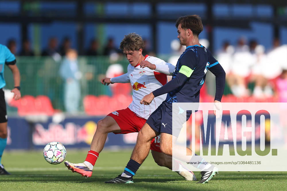 RB Leipzig U19 vs. PSV Eindhoven U19, UEFA Youth League, Leipzig, October 13, 2026, Cottaweg Training Center, Soccer, 2026–2027 Season, U19 Juniors, UEFA Youth League, Matchday 2, RB Leipzig U19 vs. PSV Eindhoven U19, Pictured from left: Vincent Clair (18), RB, and Sebastien Ditmer (6), Eindhoven, For editorial use only, UEFA regulations prohibit any use of photographs as image sequences and or quasi-video,