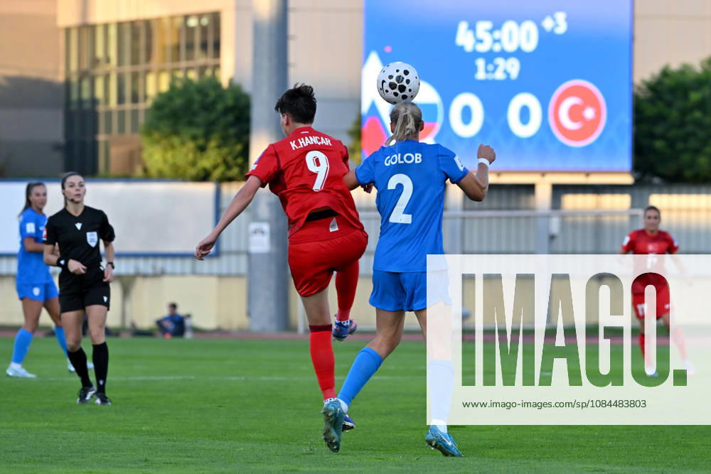 Lana Golob of Slovenia (R) in action against Kader Hancar of Turkey (L) during the UEFA Women’s European Qualifiers for 2027 World Cup Play-offs Round 1, 2nd leg match between Slovenia and Turkey at Sports Park Domzale, Domzale on October 13, 2026 in Domzale, Slovenia. (Photo by Igor Kupljenik Sports Press Photo).