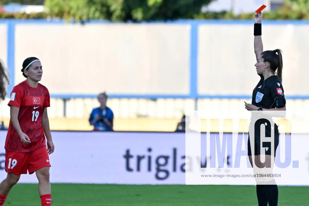 Busem Seker of Turkey (L) red card during the UEFA Women’s European Qualifiers for 2027 World Cup Play-offs Round 1, 2nd leg match between Slovenia and Turkey at Sports Park Domzale, Domzale on October 13, 2026 in Domzale, Slovenia. (Photo by Igor Kupljenik Sports Press Photo).