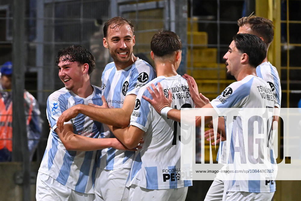 Goal celebration for Michael EBERWEIN of 1860 Munich after scoring the 1-0 goal; celebration, joy, excitement, Bavarian Regional League soccer, 2026–2027 season, Matchday 26–27, 12th matchday: TSV 1860 Munich vs. SpVgg Bayreuth on October 12, 2026, at Grünwalder Stadion in Munich
