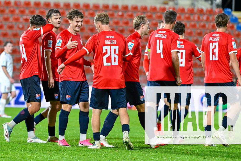 Unterhaching players celebrating a goal, cheering, goal celebration, scoring a goal, celebrating the goal, goal, celebration, cheering over the goal that made it 3-0 by Andy Breuer of Unterhaching, 26, optimistic, action, October 13, 2026, Unterhaching, Germany, soccer, Bavarian Regional League, SpVgg Unterhaching vs. TSV 1882 Landsberg