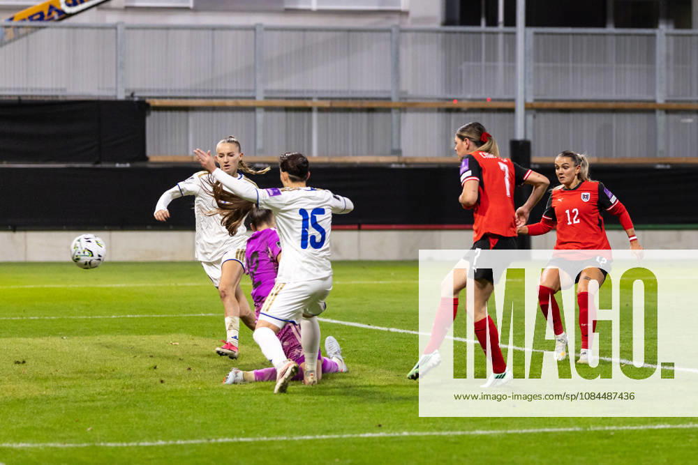 SOCCER - FIFA World Cup, WM, Weltmeisterschaft, Fussball 2027, quali, AUT vs KOS VIENNA,AUSTRIA,13.OCT.26 - SOCCER - FIFA Women s World Cup 2027, european qualifiers, OEFB international match, Länderspiel, Nationalmannschaft Austria vs Kosovo. Image shows Lea Kramoviku, Marigone Tahiri (KOS), Eileen Campbell and Laura Wienroither (AUT). Keywords: goal. GEPAxpictures Rauthner