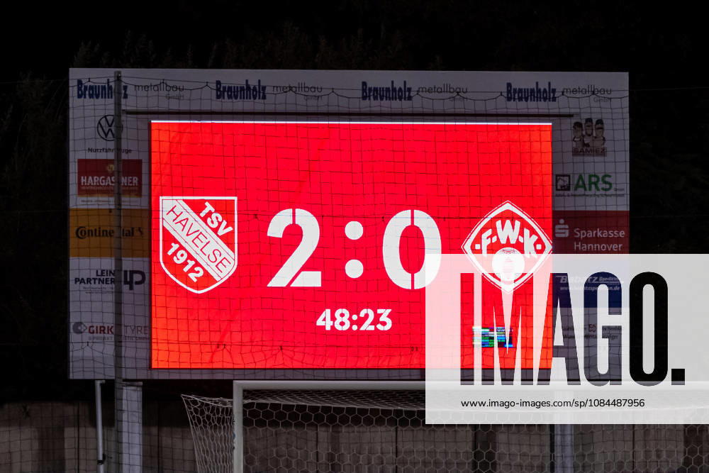 Scoreboard showing the score of 2–0 at halftime (GER), TSV Havelse vs. FC Würzburger Kickers, soccer, 3. Liga, Matchday 9, 2026–2027 season, October 13, 2026 DFL regulations prohibit the use of photographs as image sequences and or quasi-video GER, TSV Havelse vs. FC Würzburger Kickers, soccer, 3. Liga, Matchday 9, 2026–2027 season, October 13, 2026, Hanover