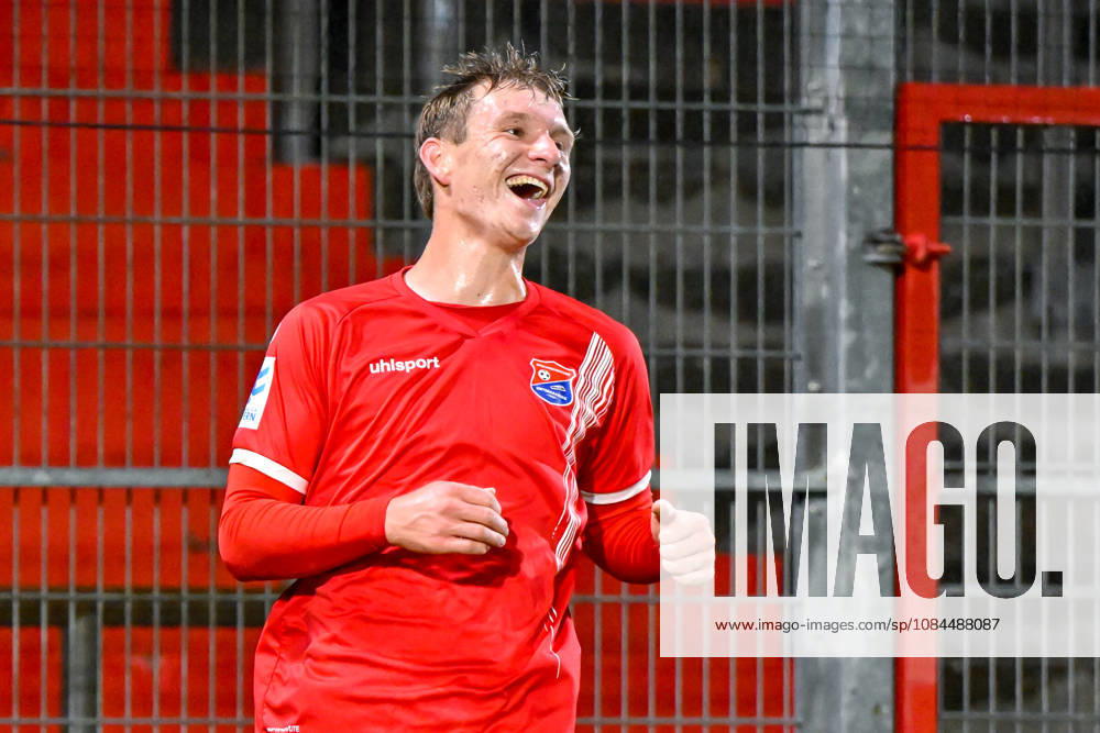 Goal scorer Cornelius Pfeiffer of Unterhaching, 22, celebrating a goal, celebration, goal celebration, scoring a goal, celebrating the goal, goal, celebration, celebrating the 1-0 goal, optimistic, single frame, action, 13 10 2026, Unterhaching, Germany, soccer, Bavarian Regional League, SpVgg Unterhaching vs. TSV 1882 Landsberg