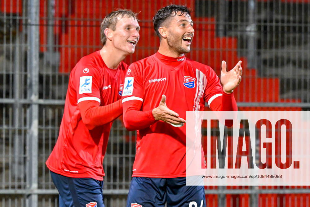 From left: Cornelius Pfeiffer of Unterhaching, 22, and Moritz Mueller of Unterhaching, 24, celebrating a goal, cheering, goal celebration, goal scored, celebrating the goal, goal, celebration, Celebrating the 1–0 goal, optimistic, action, October 13, 2026, Unterhaching, Germany, soccer, Bavarian Regional League, SpVgg Unterhaching vs. TSV 1882 Landsberg