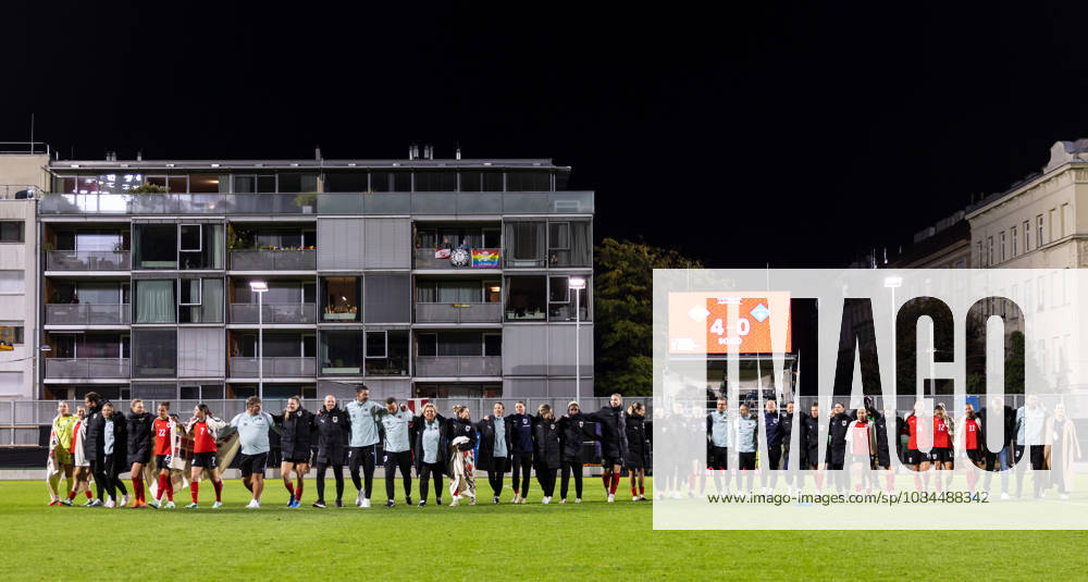 SOCCER - FIFA World Cup, WM, Weltmeisterschaft, Fussball 2027, quali, AUT vs KOS VIENNA,AUSTRIA,13.OCT.26 - SOCCER - FIFA Women s World Cup 2027, european qualifiers, OEFB international match, Länderspiel, Nationalmannschaft Austria vs Kosovo. Image shows the rejoicing of AUT and the final scoreboard. GEPAxpictures Rauthner