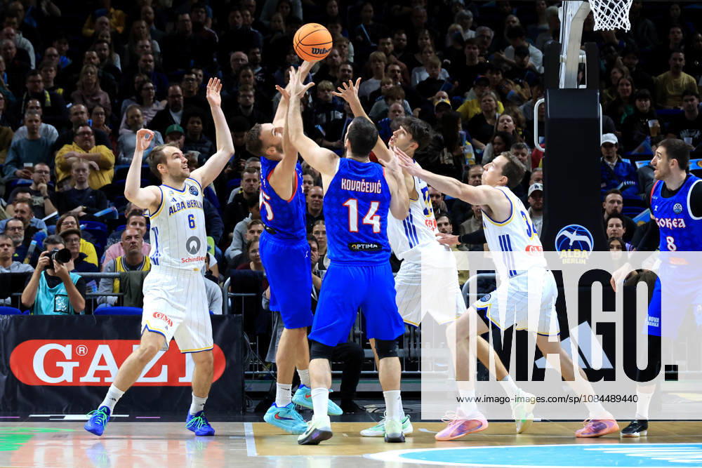 Germany, GER, DEU, Basketball, Champions League (BCL), Day 1, 2026–2027 Season, Berlin, ALBA Berlin vs. Igokea, Malte Delow (ALBA Berlin) 6, Brandon Angel (ALBA Berlin) 21, Justin Bean (ALBA Berlin) 34, Petar Kovacevic (Igokea) 14, Djordje Topolovic (Igokea) 15, nordphoto GmbH, Engler, Berlin, Uber Arena, Berlin, Germany