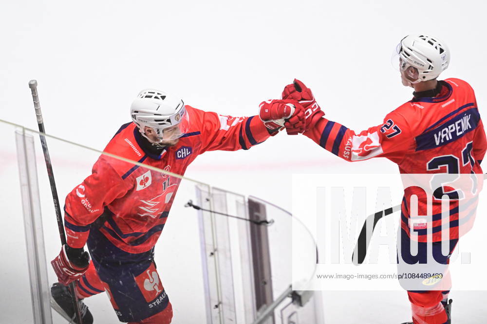 Ice hockey, Eishockey Champions League match: HC Dynamo Pardubice vs Vaxjo Lakers Hockey Club in Pardubice, Czech Republic, October 13, 2026. From left Jachym Kondelik, Teodor Vapenik, both of Pardubice celebrate goal. (CTKxPhoto JosefxVostarek) CTKPhotoP2026101307651 CTKPhotoP2026101307651